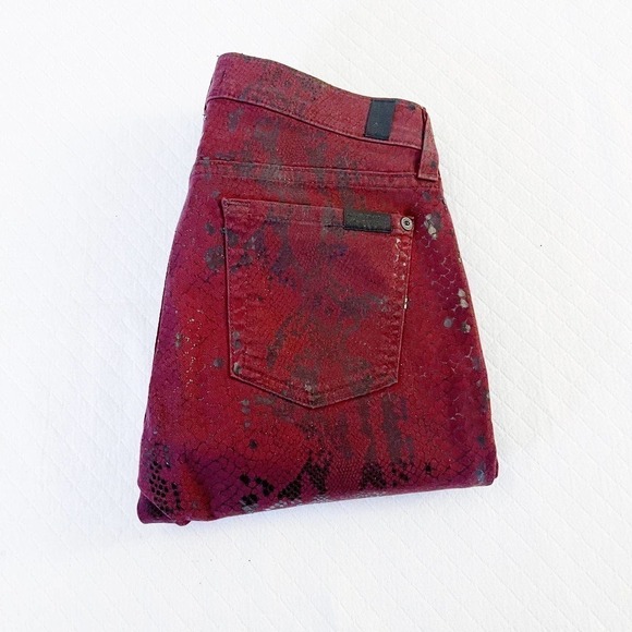 7 For All Mankind Snakeprint Denim Skinny Jeans SZ26 Dark Red - Picture 2 of 8